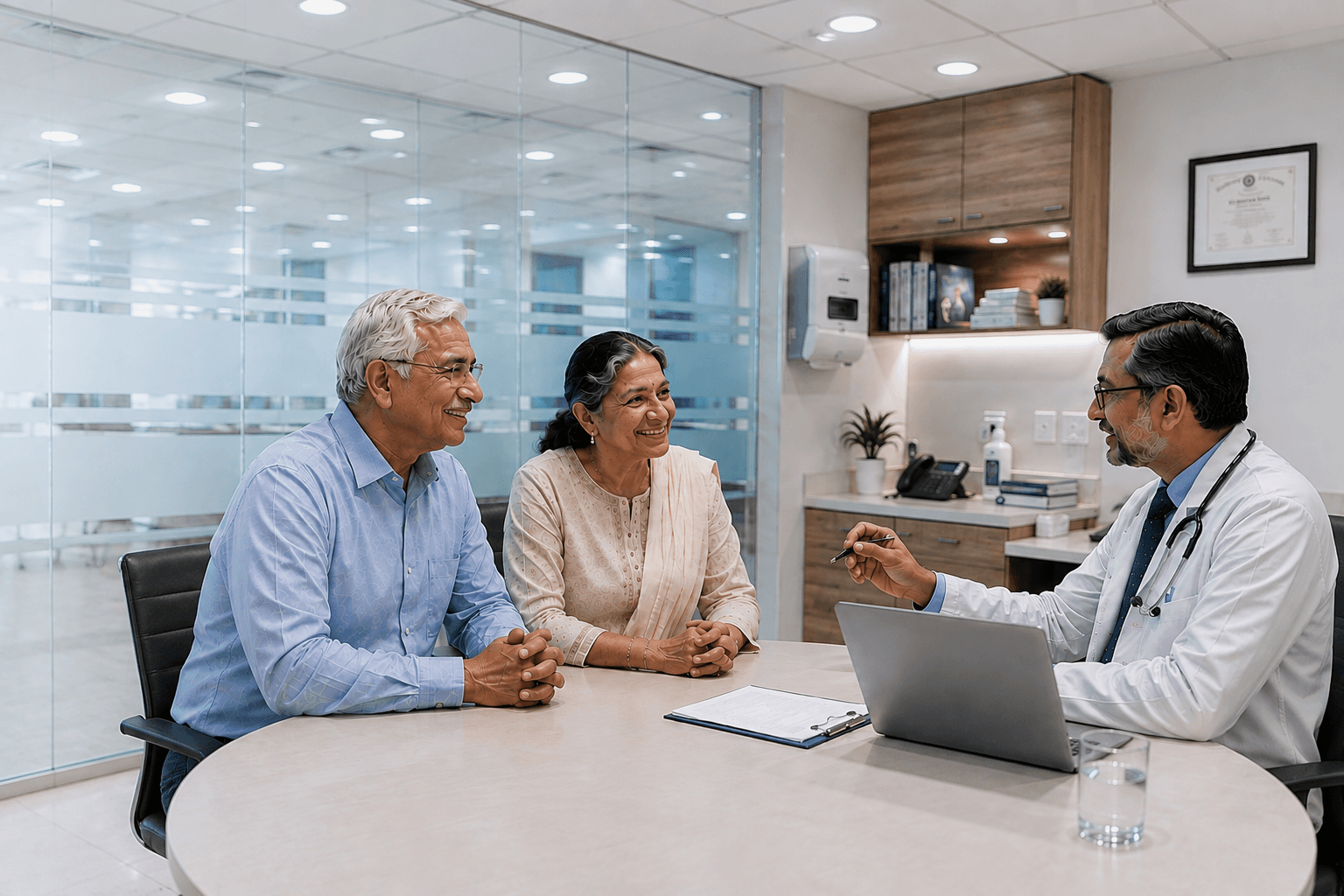 Doctor consulting with a patient couple in a hospital
